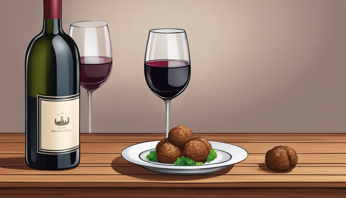 A bottle of red wine, a plate of beef meatballs, and a wine glass on a wooden table