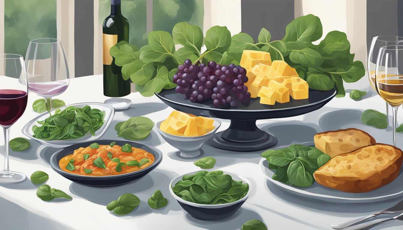 A table set with a variety of international wines alongside a dish of spinach