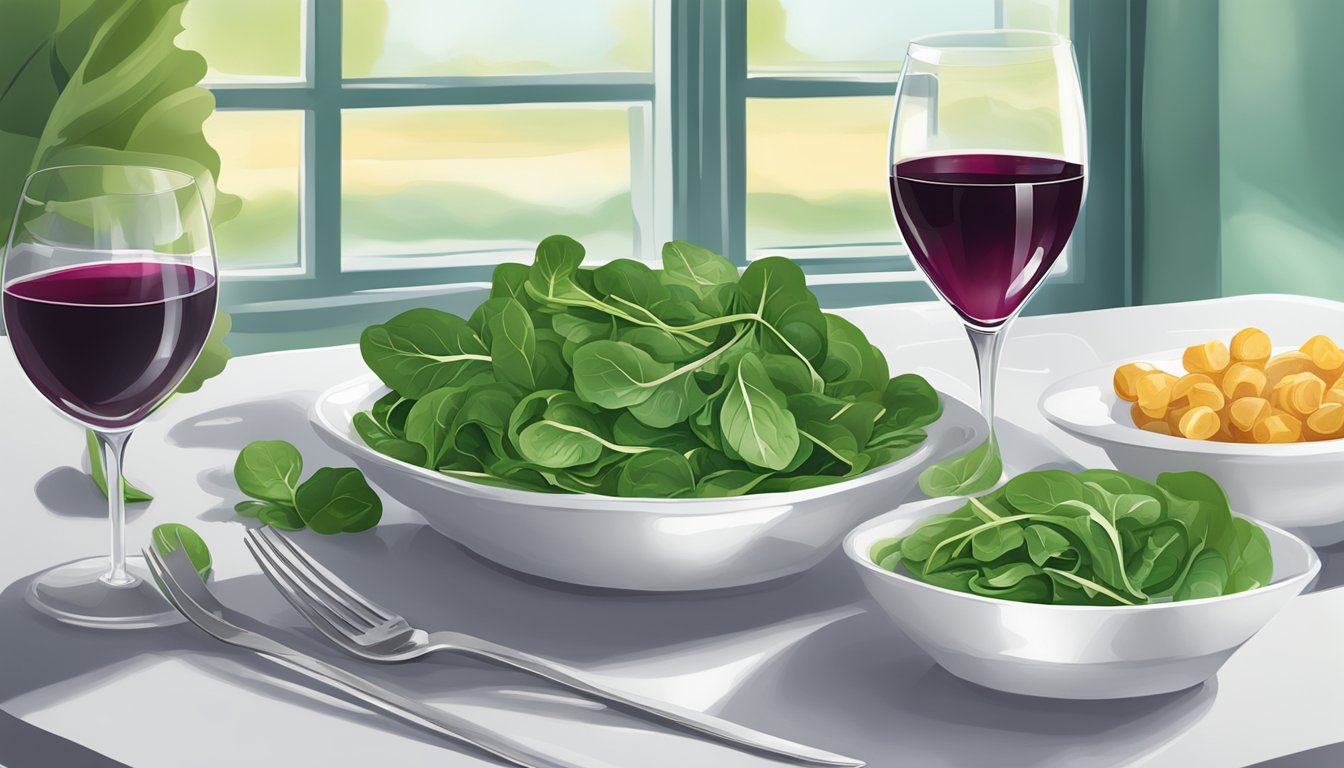 A table set with a vibrant green spinach salad and a glass of red wine