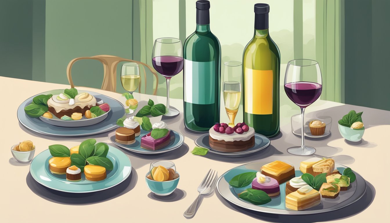 A table set with various desserts and sweet wine bottles, with a plate of spinach in the center