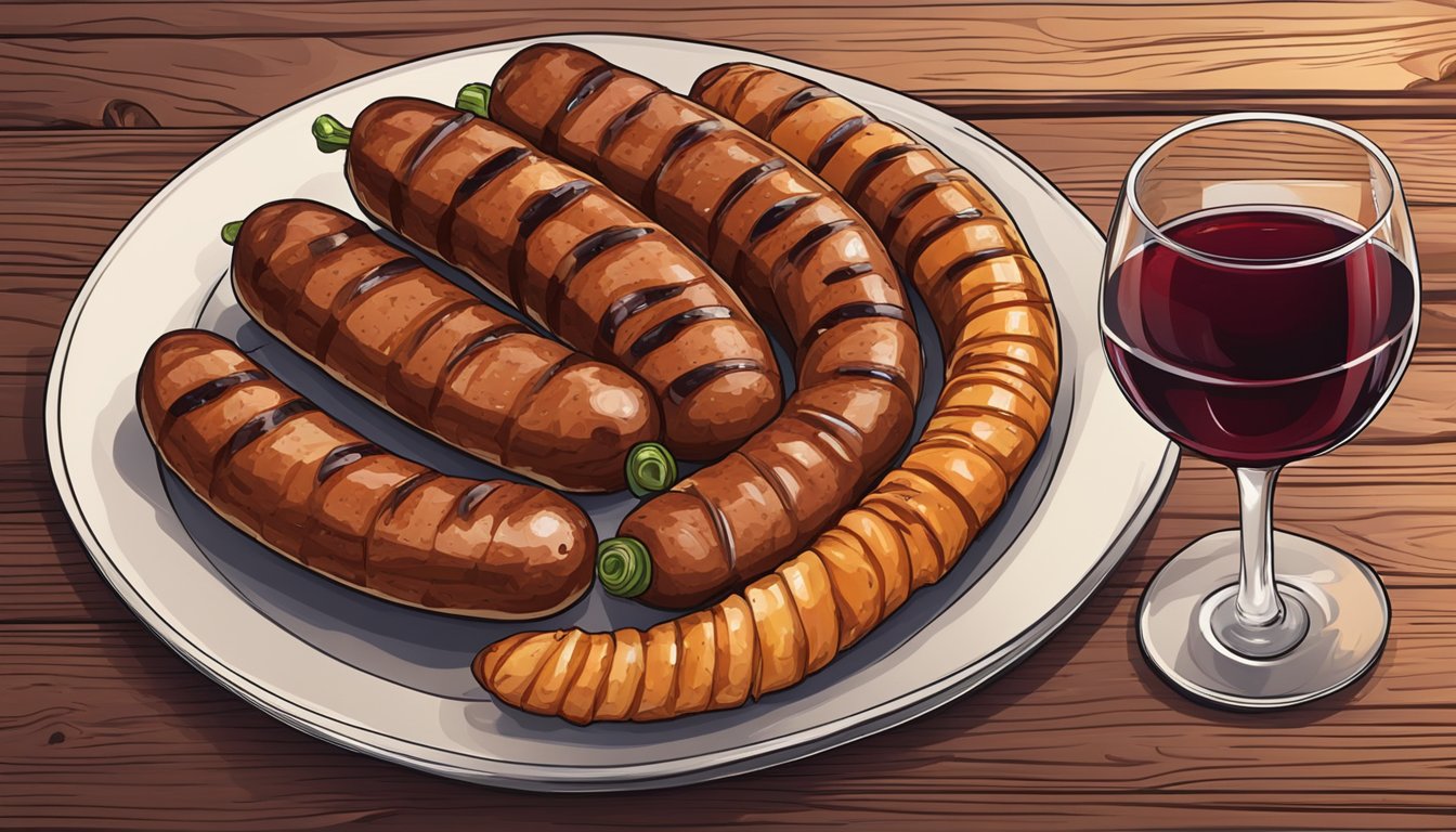 A plate of grilled pork sausages with a glass of red wine on a wooden table