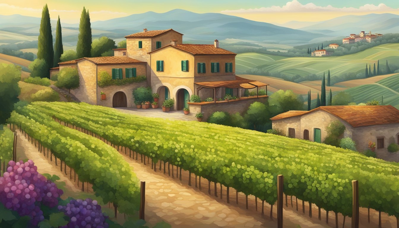 A rustic Italian countryside scene with vineyards and a pizzeria nestled among rolling hills