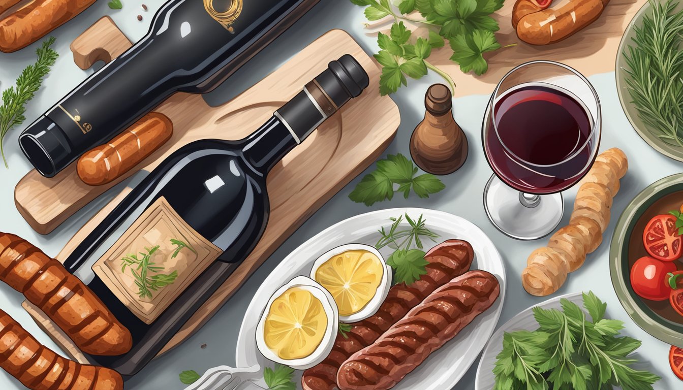 A bottle of red wine next to a plate of grilled pork sausages, surrounded by fresh herbs and spices