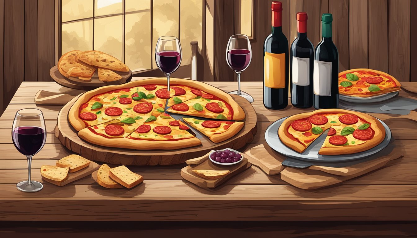 A rustic wooden table set with a freshly baked pizza, a bottle of red wine, and a selection of wine glasses