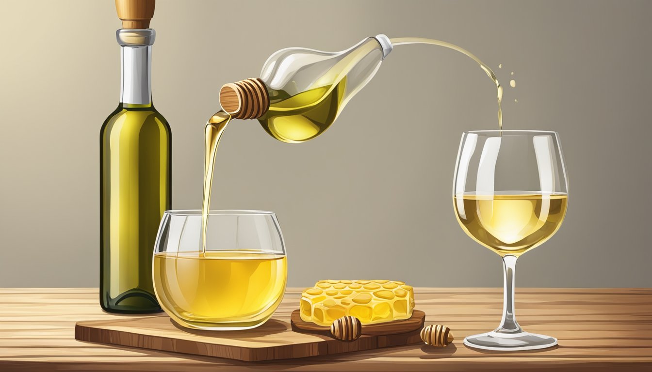 A glass of honey being poured next to a bottle of white wine on a wooden table