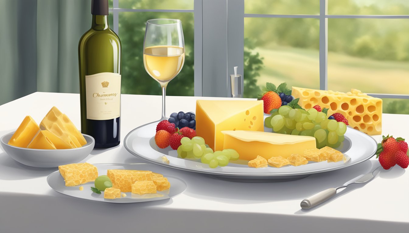 A table set with a bottle of Chardonnay, a glass of Riesling, and a bowl of honeycomb surrounded by fresh fruit and cheese