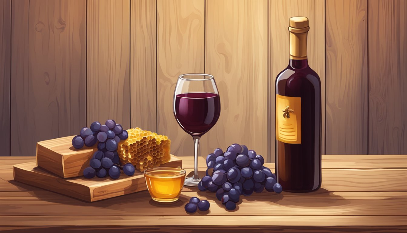 A bottle of red wine and a jar of honey sit on a rustic wooden table, surrounded by fresh grapes and a honey dipper