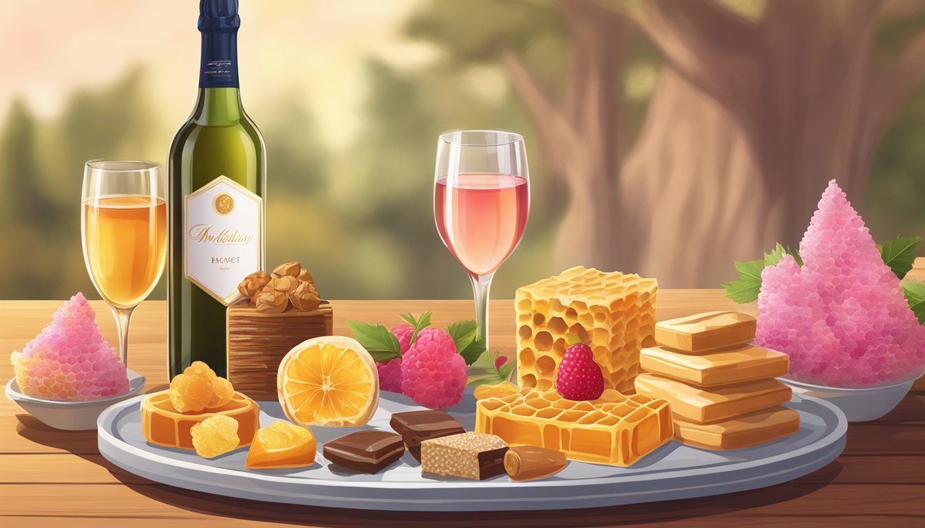 A bottle of sparkling wine and a bottle of rosé sit next to a variety of honeyed treats such as honeycomb, baklava, and honey-drizzled fruits on a wooden table