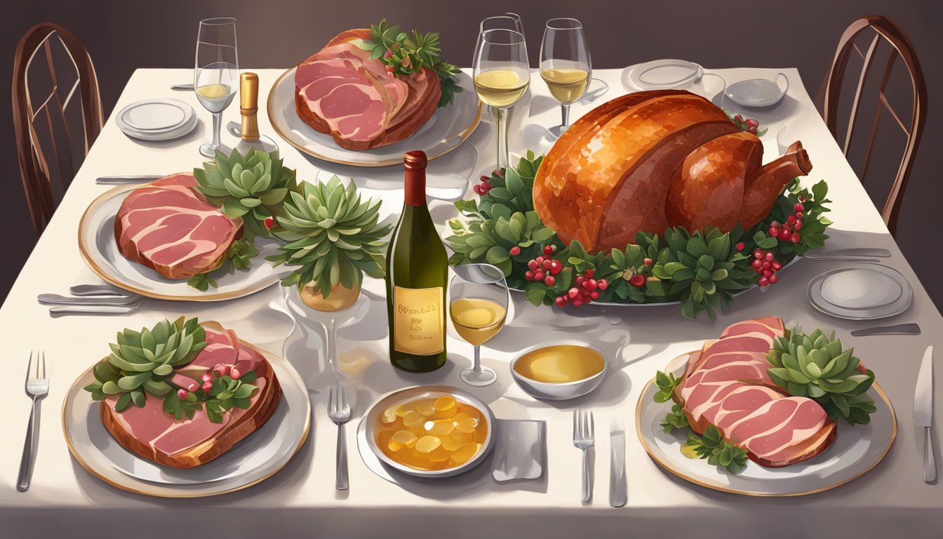 A festive holiday table set with a succulent honey-glazed ham, surrounded by bottles of red and white wine