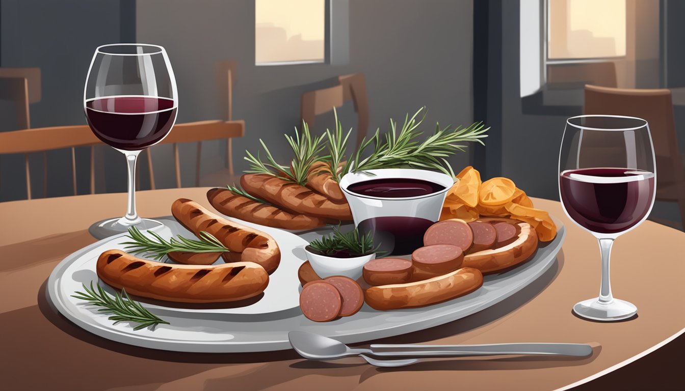 A table set with a plate of grilled pork sausages, a glass of red wine, and a sprig of fresh rosemary