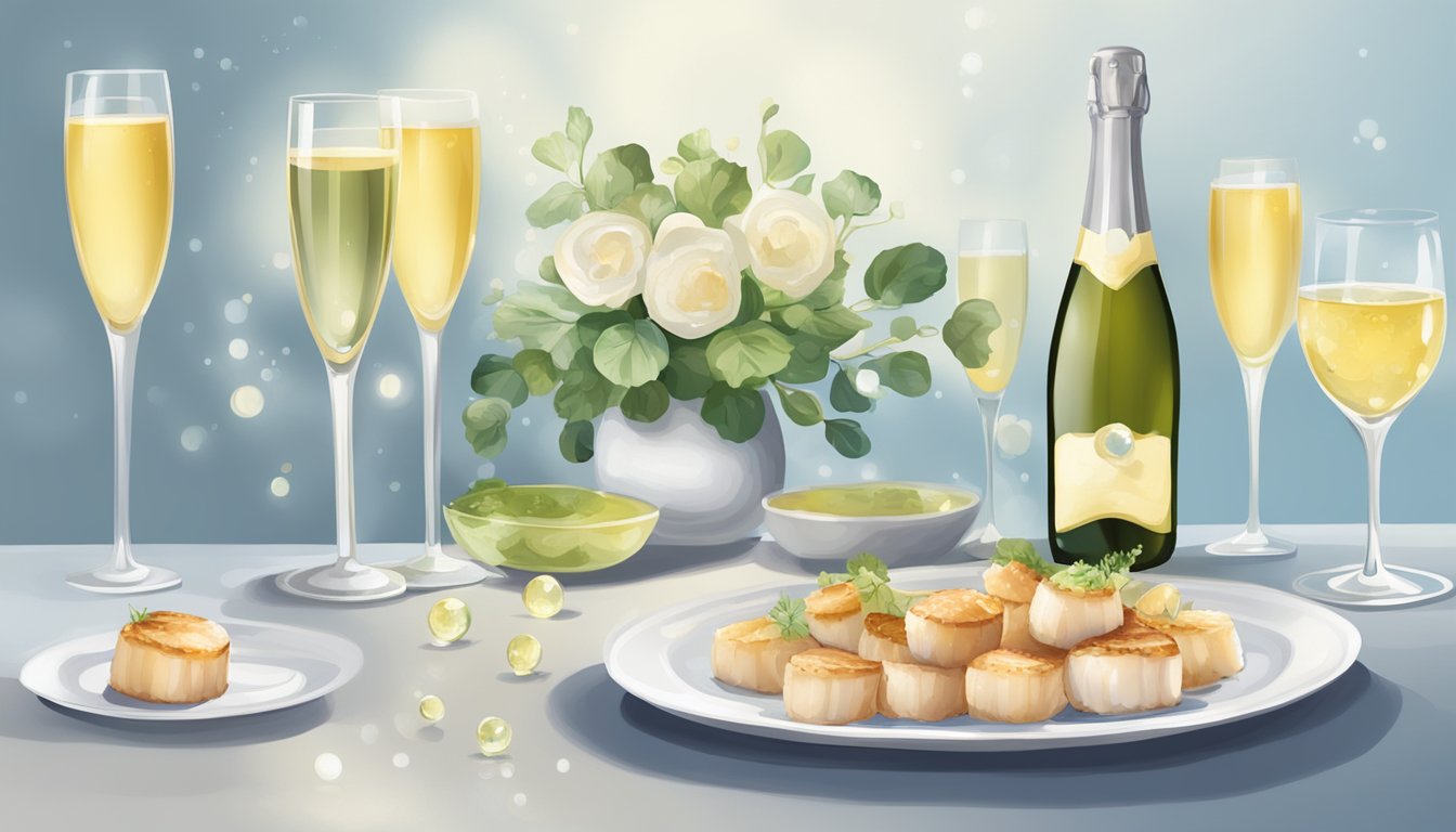 A table set with a platter of seared scallops, a bottle of white wine, and a glass filled with sparkling bubbles