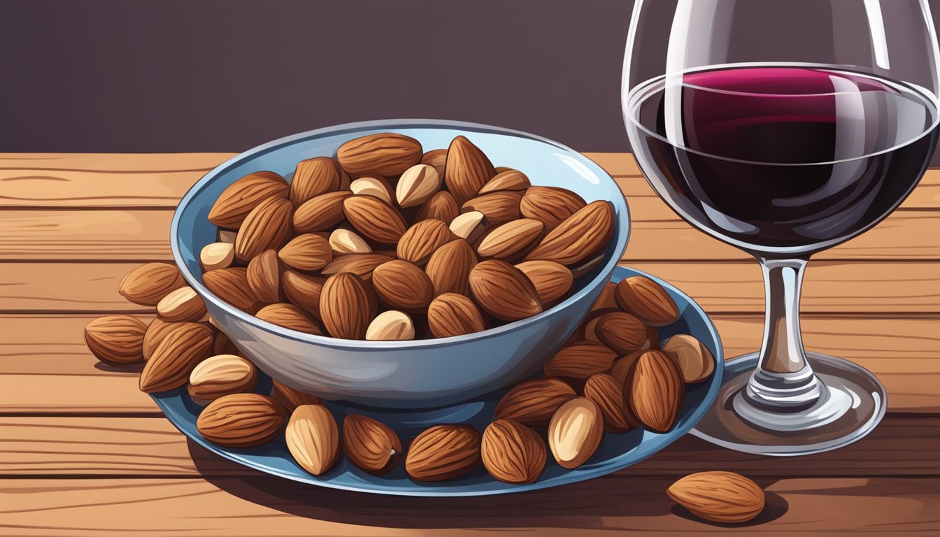 A glass of red wine next to a bowl of assorted nuts on a wooden table