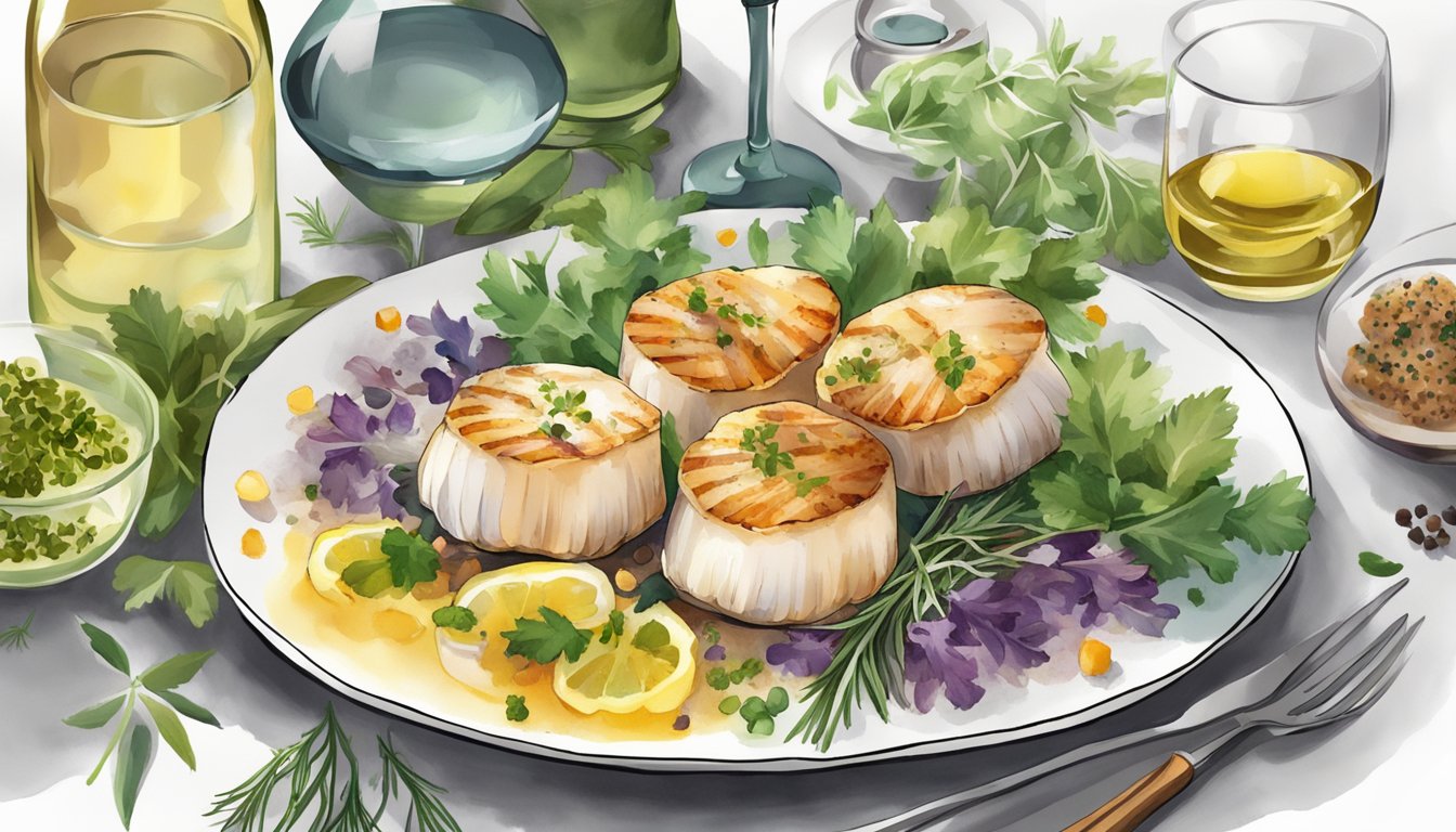 A plate of perfectly seared scallops surrounded by a variety of colorful herbs, spices, and a bottle of white wine