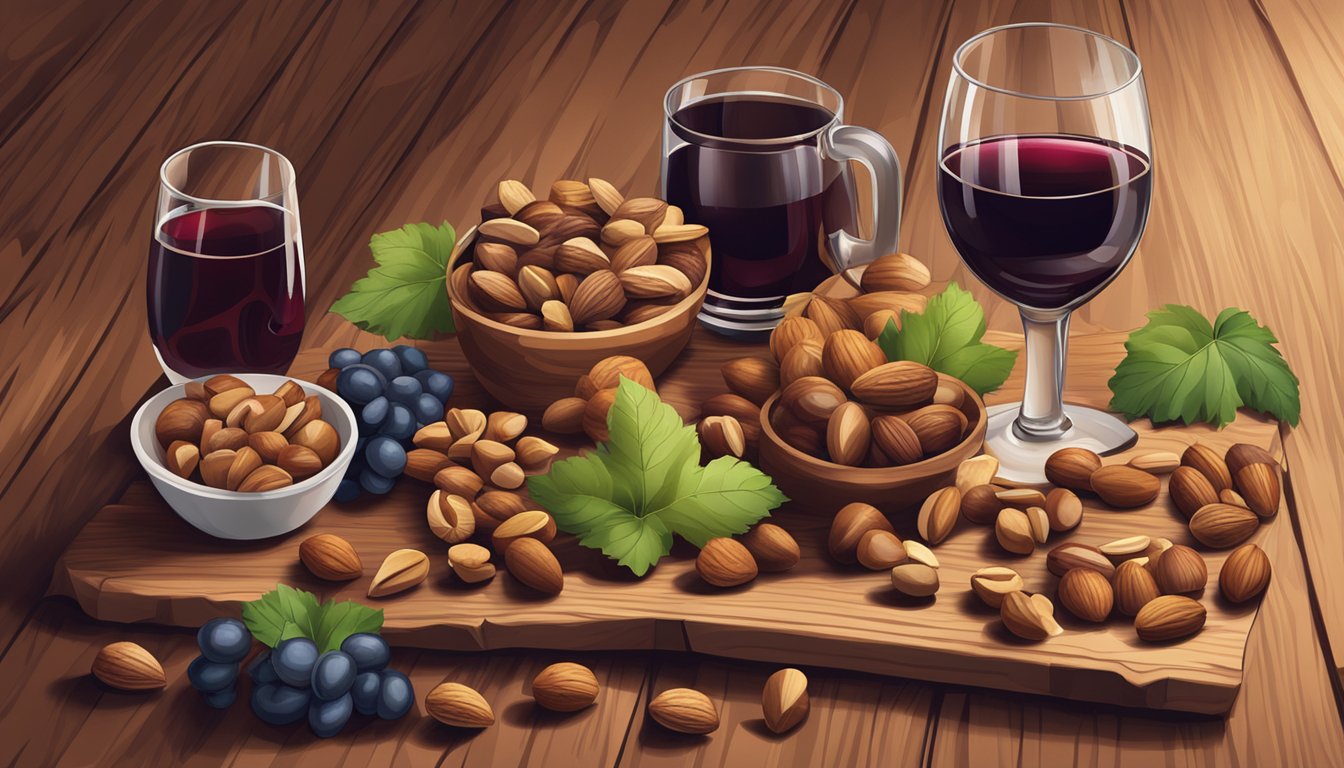 A variety of nuts arranged on a wooden board with a glass of red wine next to it