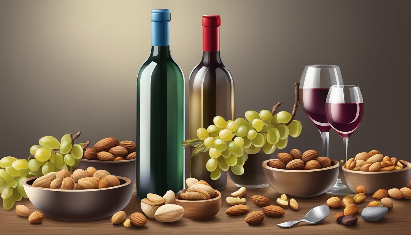 A table set with an assortment of nuts and a variety of wine bottles