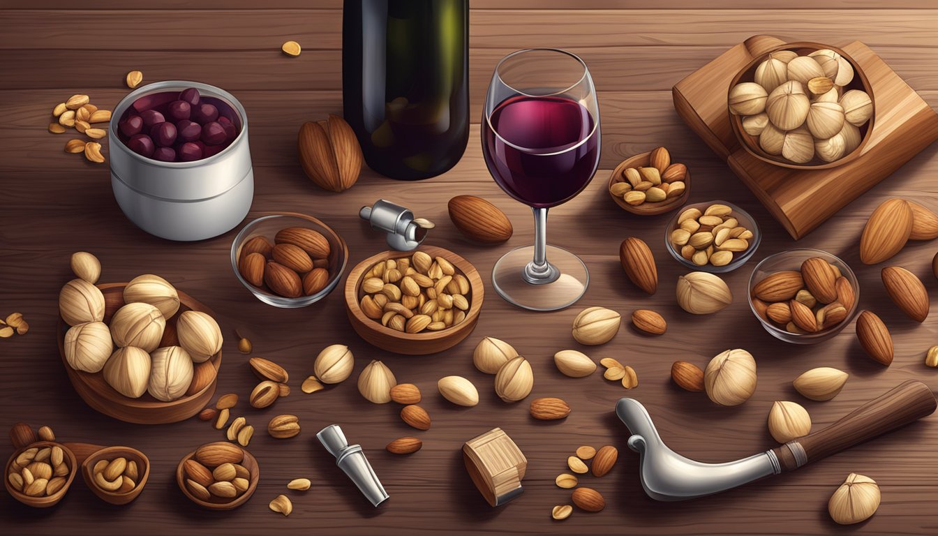 A wooden table with assorted nuts in shells, a nutcracker, and a glass of red wine