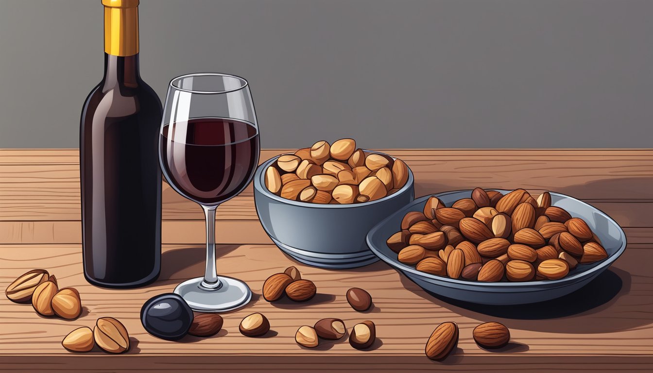 A glass of red wine beside a bowl of assorted nuts on a wooden table