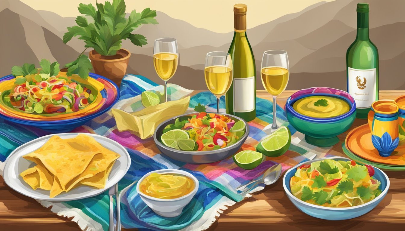 A table set with a bottle of white wine, glasses, and a spread of colorful Mexican dishes