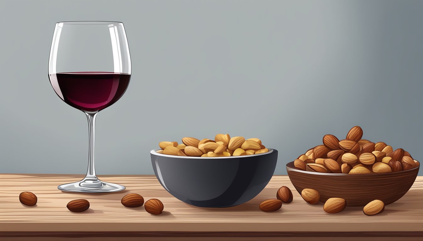 A glass of red wine next to a bowl of mixed nuts on a wooden table