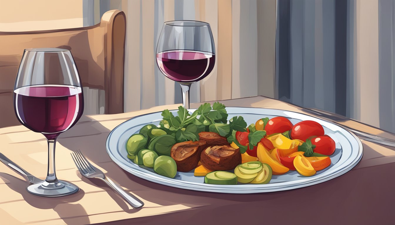 A table set with a colorful plate of ratatouille next to a glass of red wine