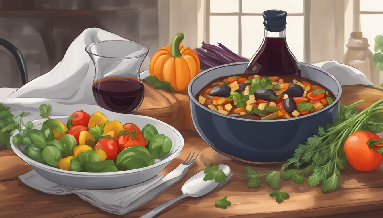 A rustic table setting with a steaming bowl of ratatouille and a bottle of red wine, surrounded by fresh herbs and vegetables