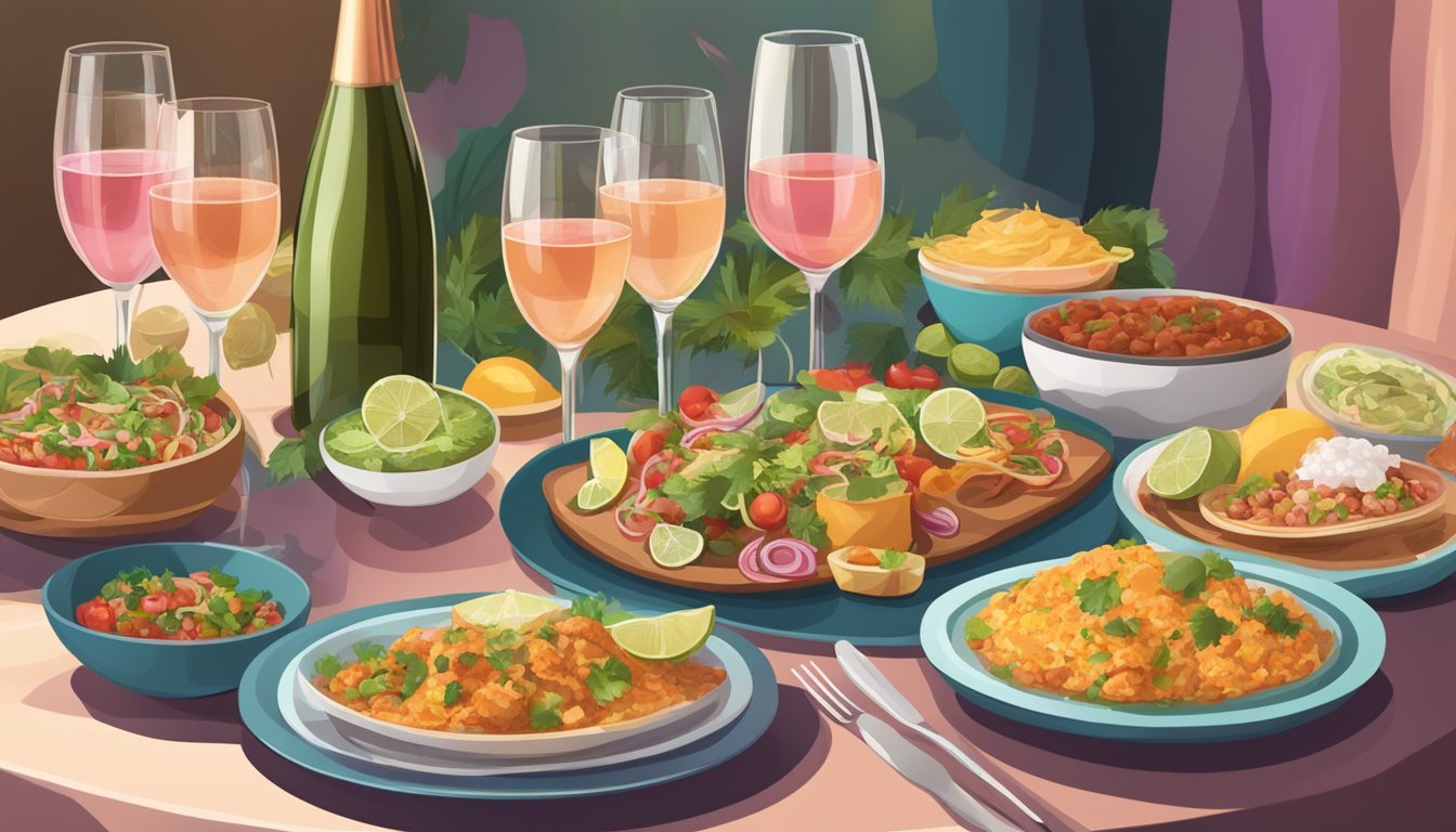 A festive table with a variety of Mexican dishes and glasses of rosé and sparkling wines