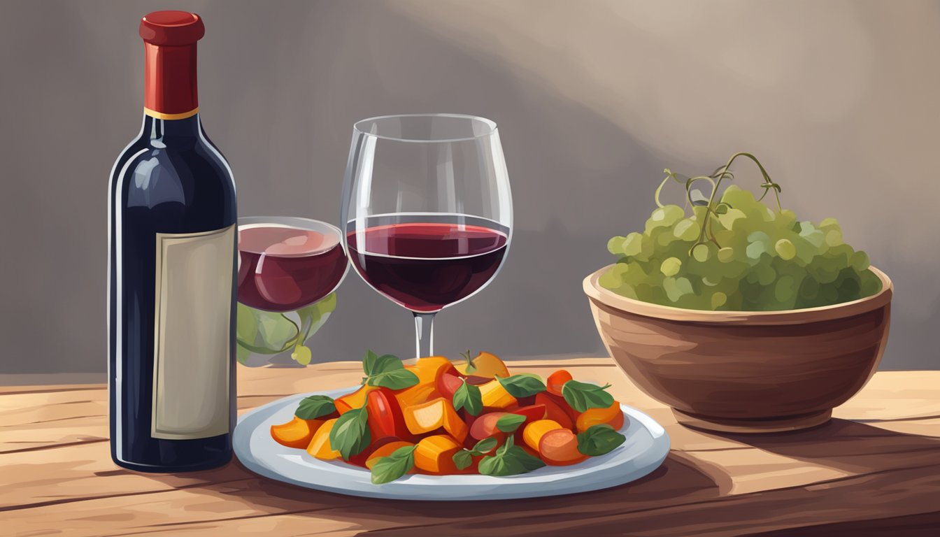 A bottle of red wine and a bowl of ratatouille on a rustic wooden table