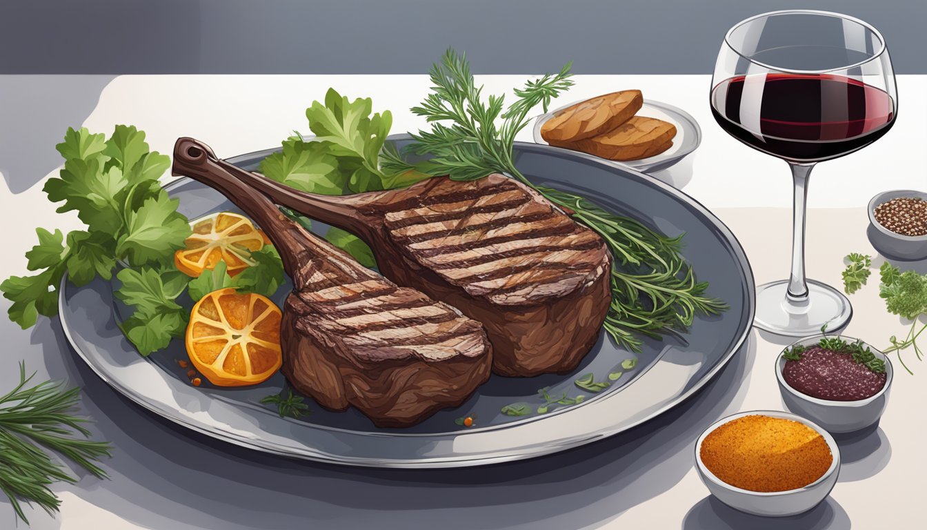 A table set with a grilled ostrich steak, accompanied by a glass of red wine and a selection of fresh herbs and spices