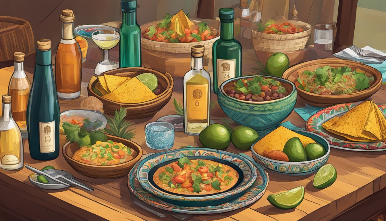 A table set with traditional Mexican dishes, accompanied by bottles of tequila, mezcal, and various wine options