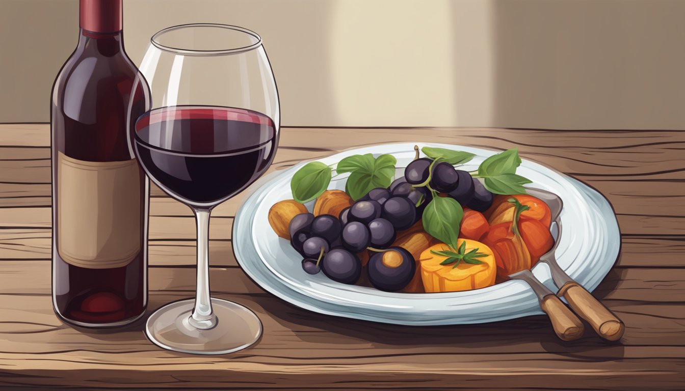 A bottle of red wine, a glass, and a steaming dish of ratatouille on a rustic wooden table