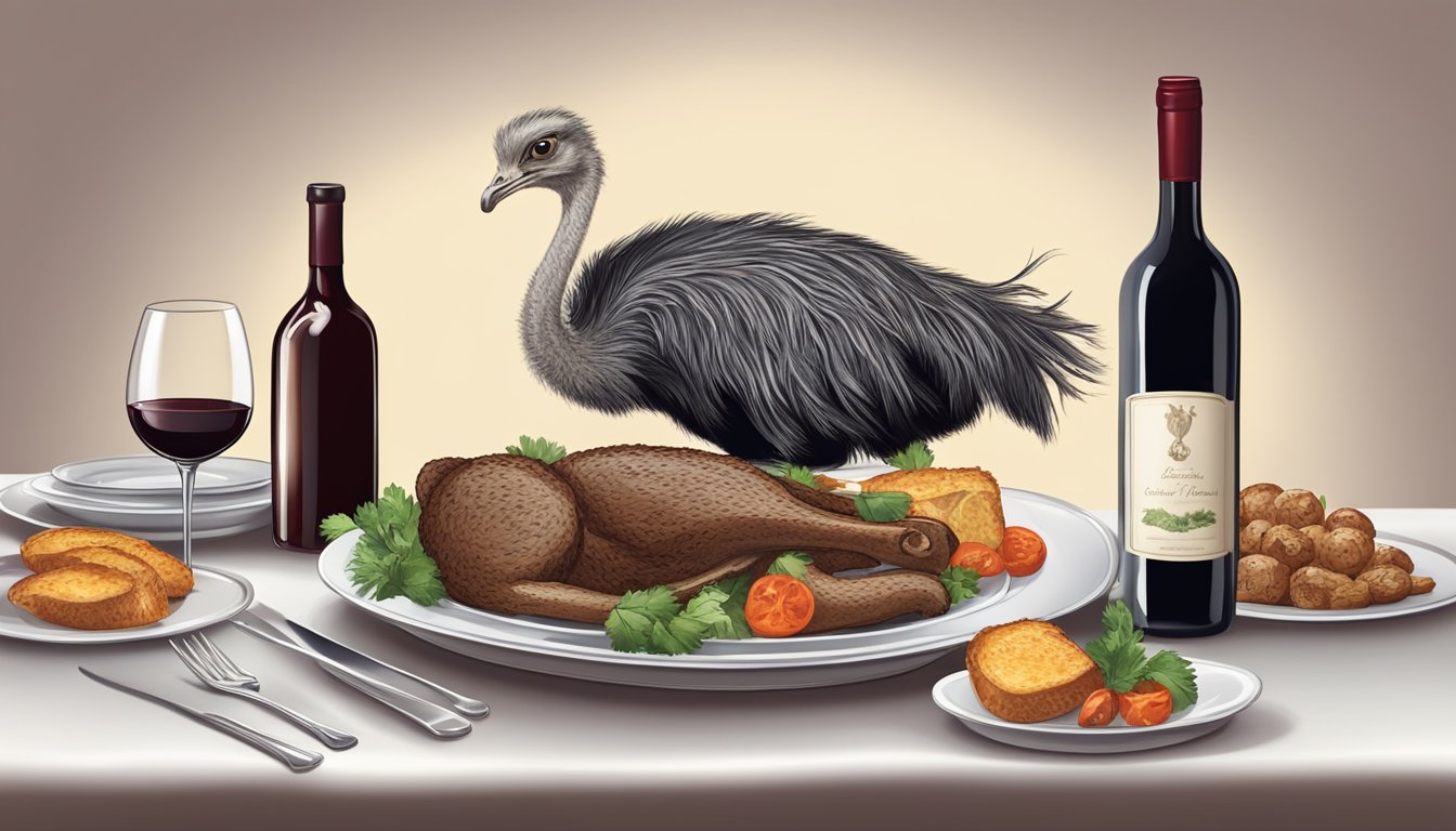 A dinner table set with a roasted ostrich dish and a bottle of red wine