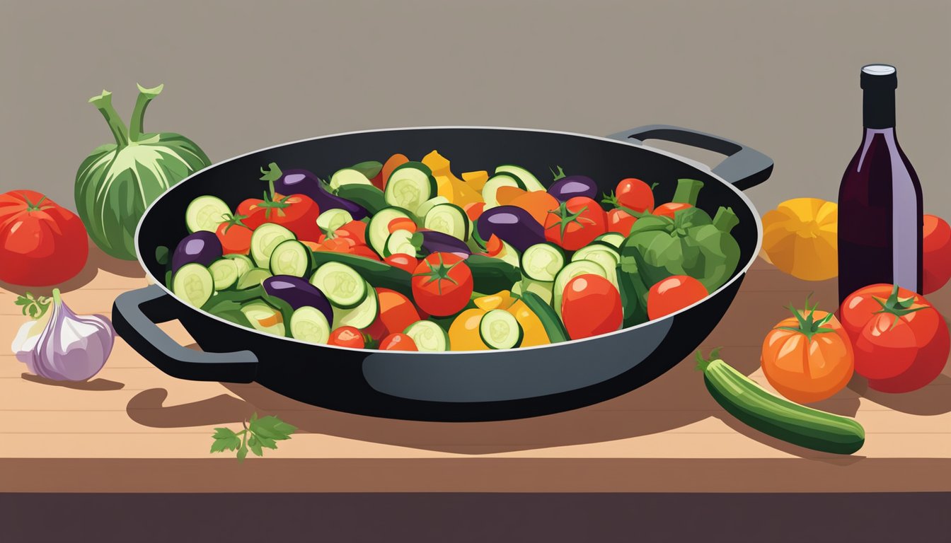 A colorful array of fresh vegetables, including tomatoes, zucchini, and eggplant, are being chopped and sautéed in a skillet, while a bottle of red wine sits nearby