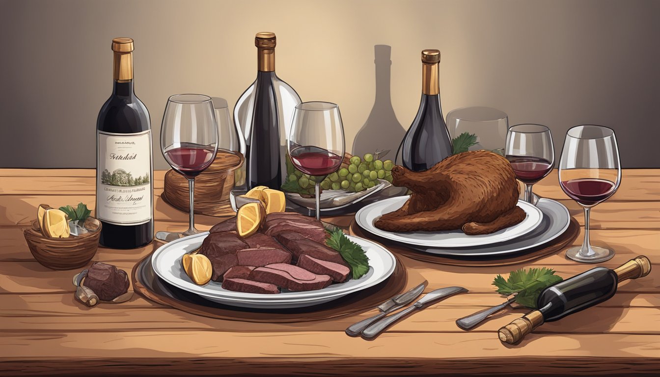 A rustic table set with a bottle of red wine, a platter of ostrich meat, and various wine glasses