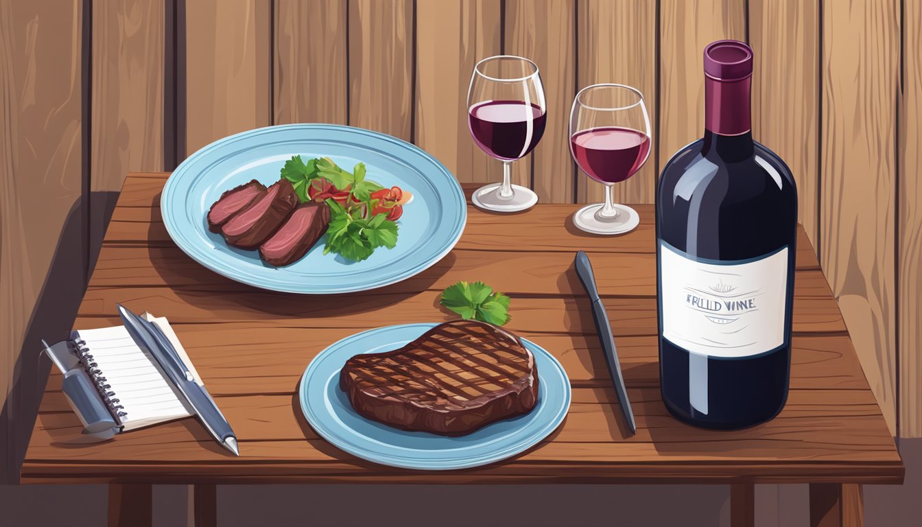 A bottle of red wine and a plate of grilled ostrich steak on a wooden table, surrounded by wine glasses and a notepad for tasting notes