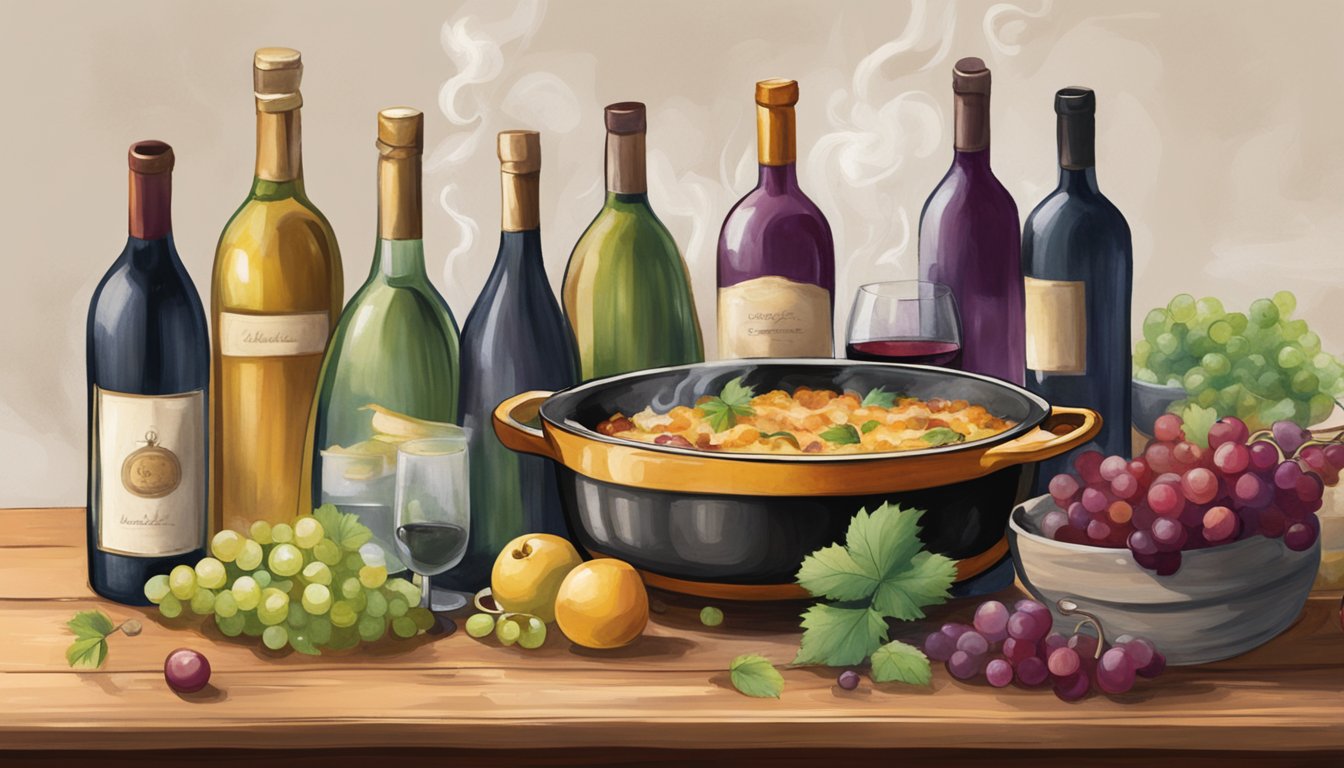 A bubbling casserole dish sits on a rustic wooden table, surrounded by various bottles of wine. The steam rises as the rich aromas of the dish mingle with the fruity notes of the wine