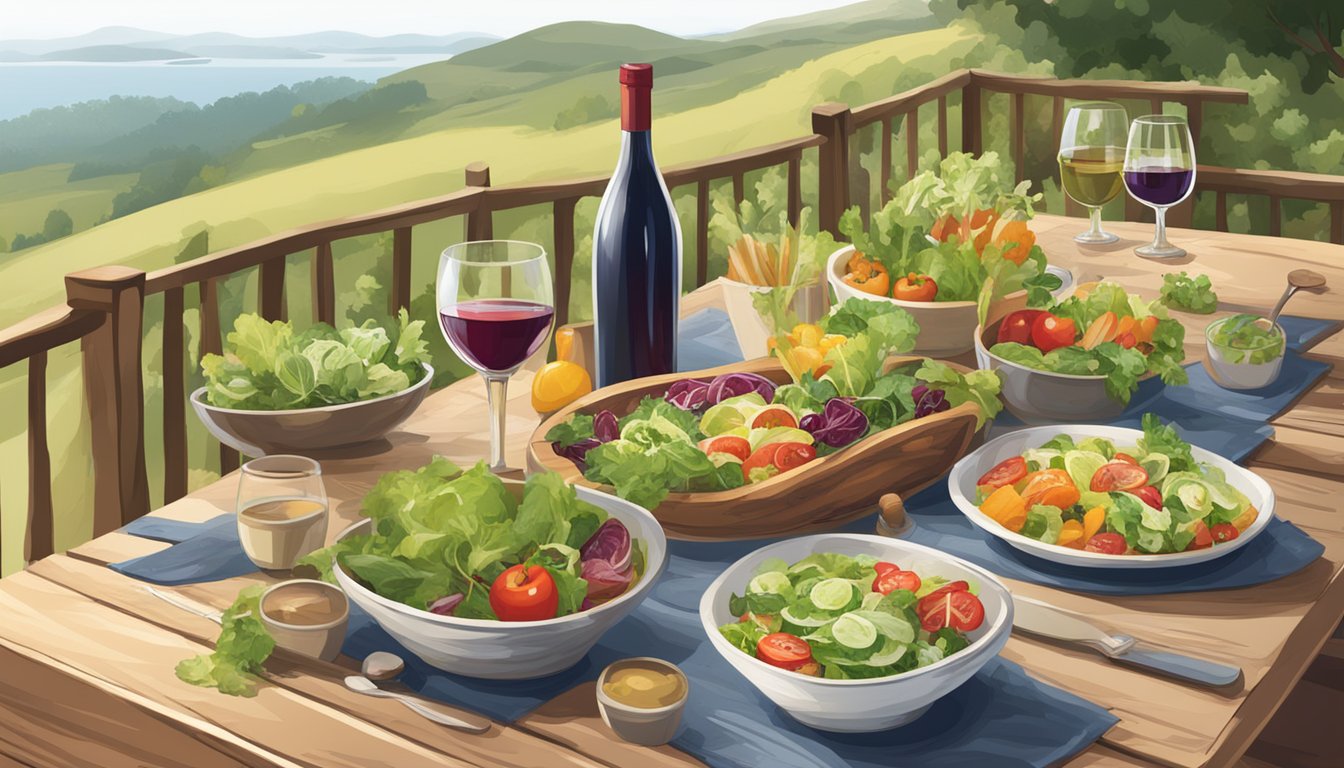 A rustic wooden table set with a variety of fresh salads and artisanal regional wines in elegant glassware