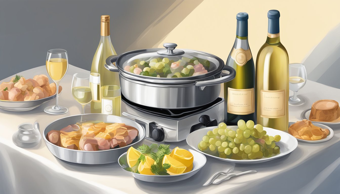 A table set with a variety of white wine and rosé bottles next to a steaming casserole dish