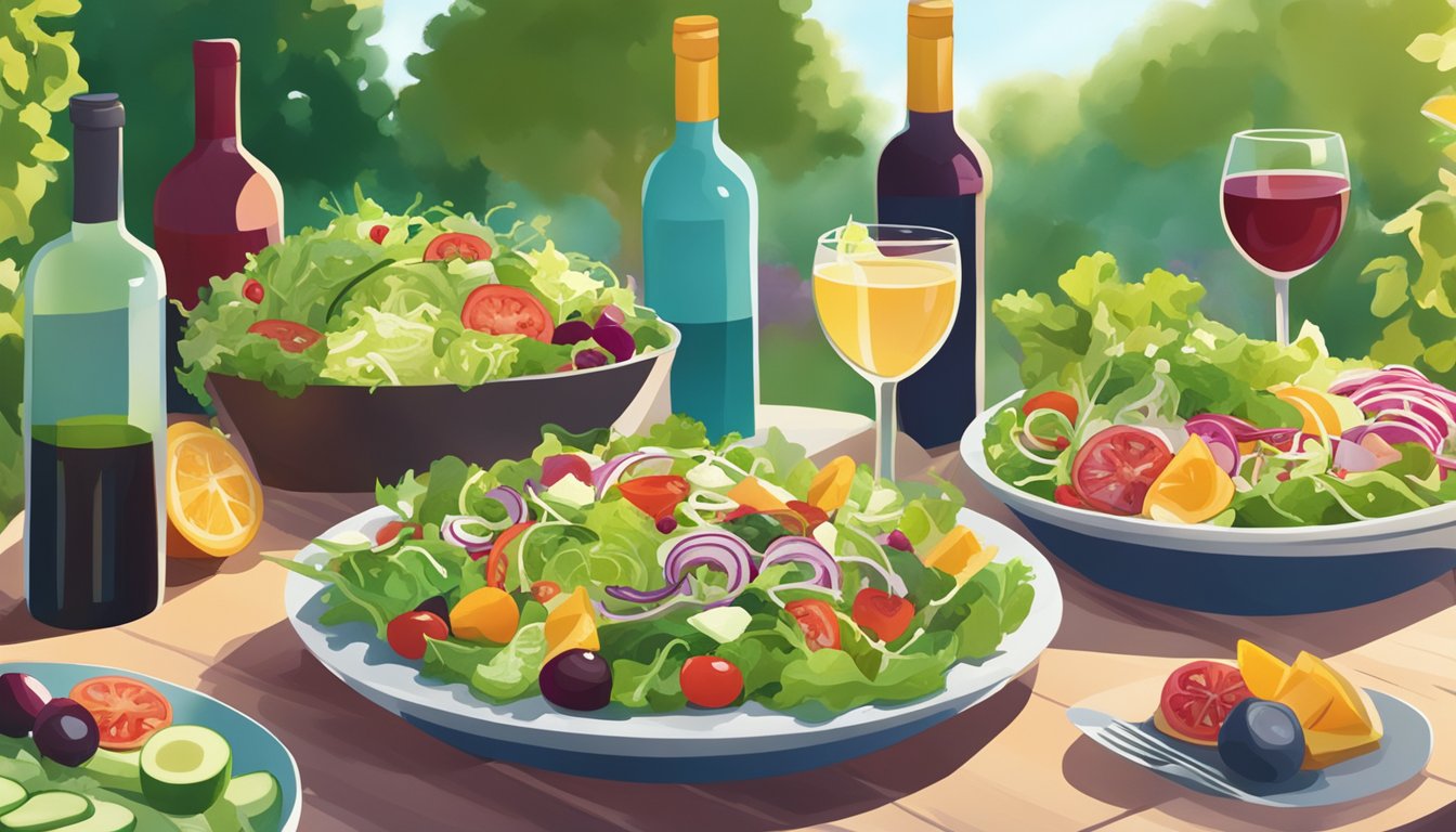 A vibrant array of salads with various toppings and add-ins, surrounded by bottles of wine in a sunlit garden setting