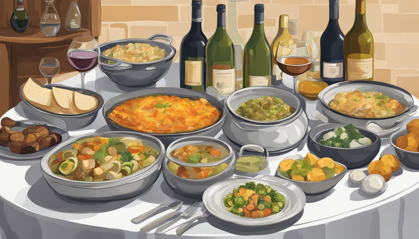 A table set with various casserole dishes alongside bottles of international wines from different regions