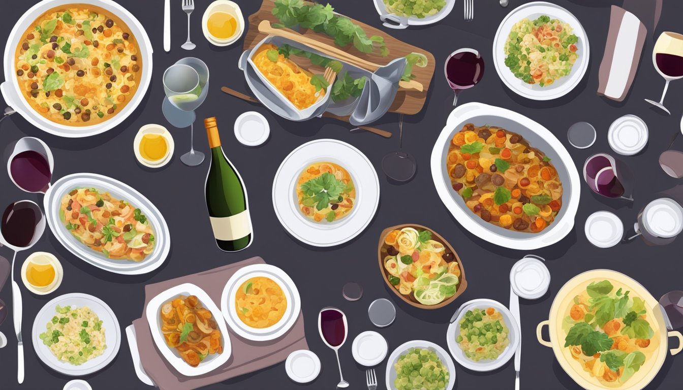 A table set with a variety of casseroles and different types of wine bottles arranged neatly next to each dish