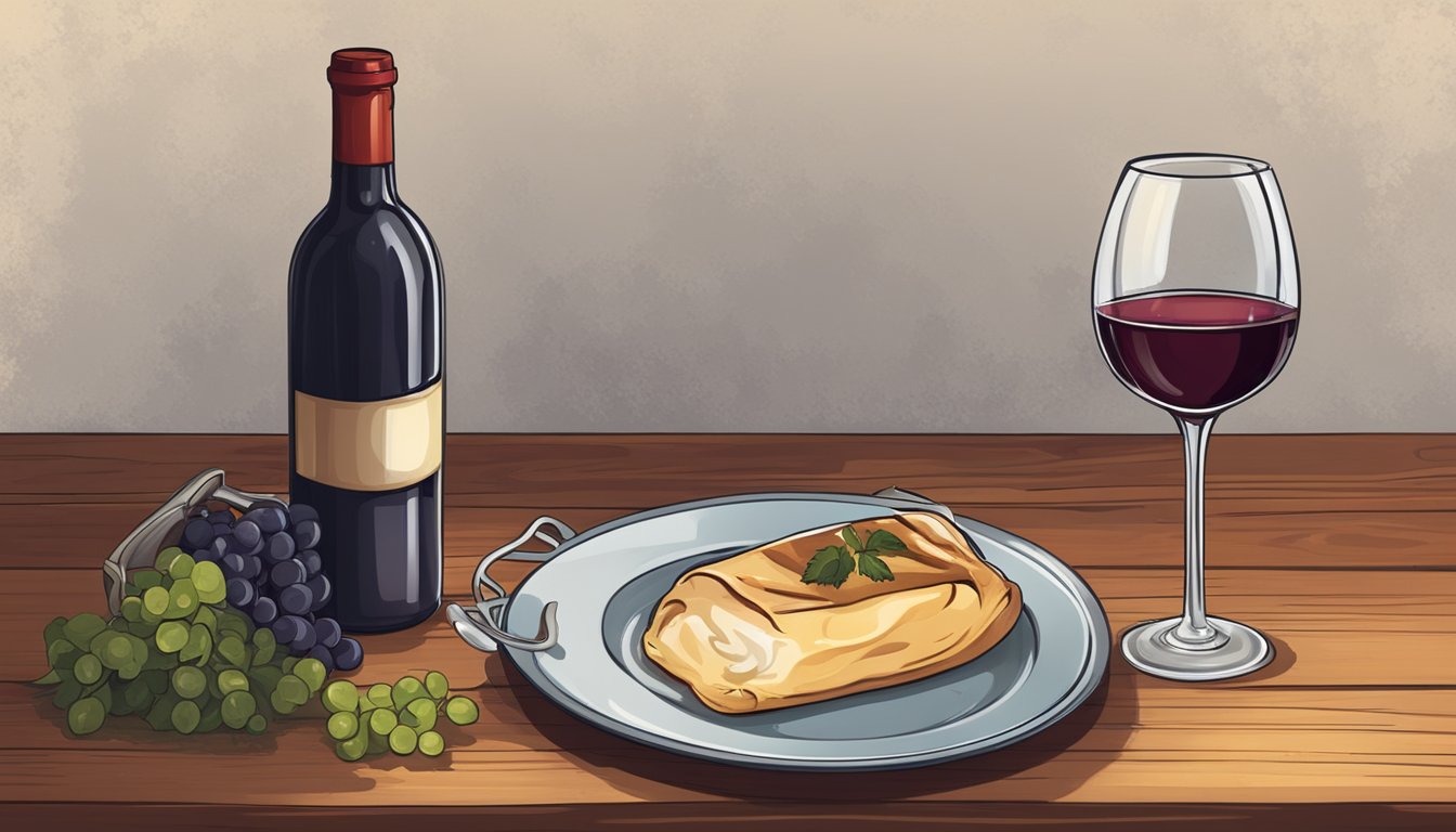 A bottle of red wine next to a steaming casserole on a rustic wooden table. A wine glass filled with the same wine sits beside the plate