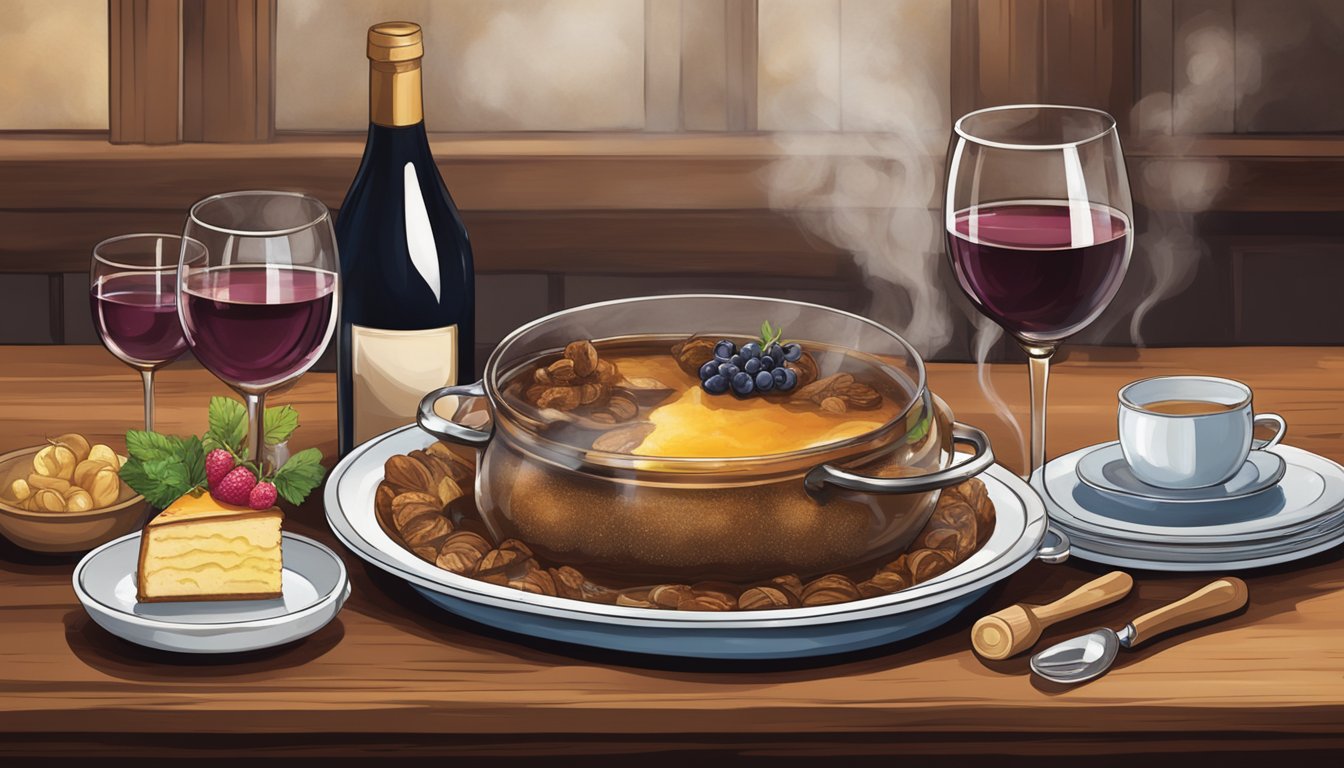 A steaming casserole dish sits on a rustic table, surrounded by glasses of sweet wine and a decadent dessert