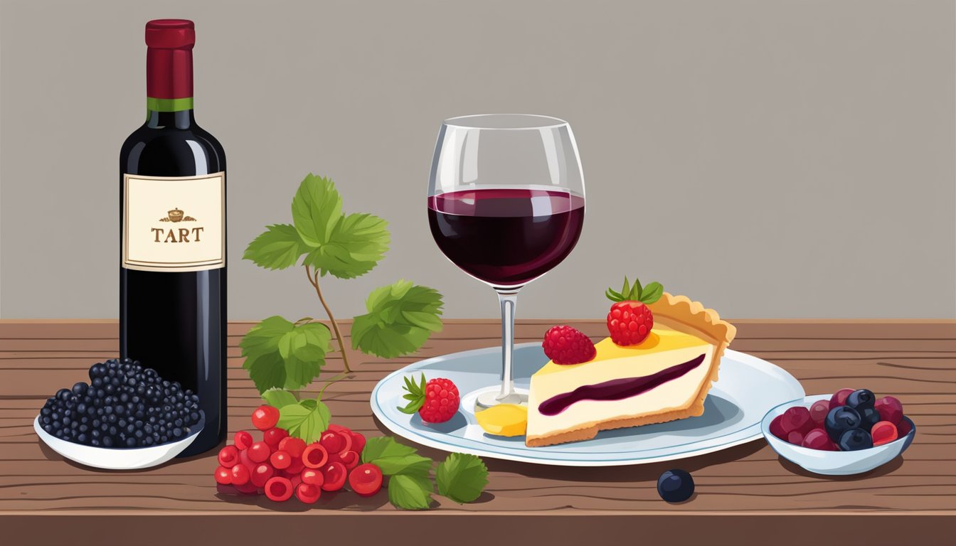 A glass of red wine next to a bowl of mixed berries and a slice of fruit tart on a wooden table