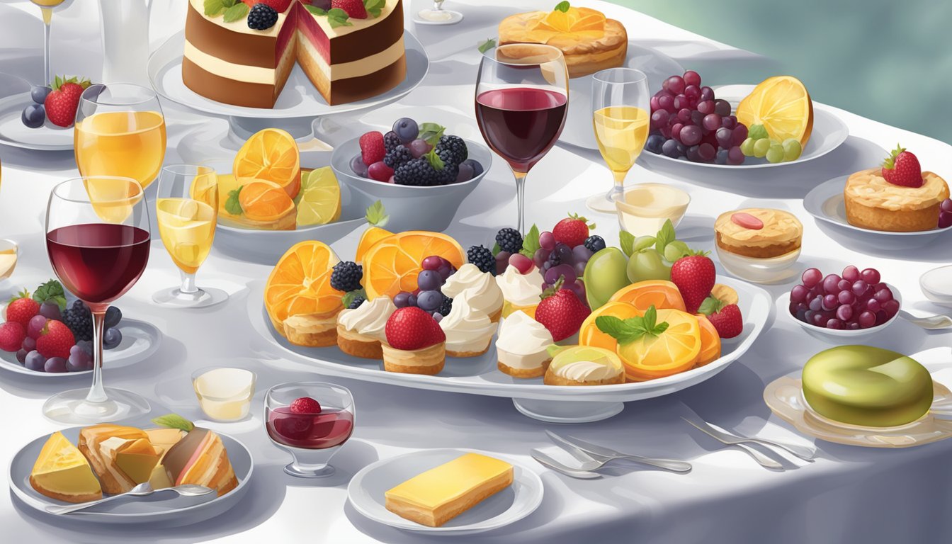 A table set with an assortment of light, fruity desserts and a selection of delicate wine pairings