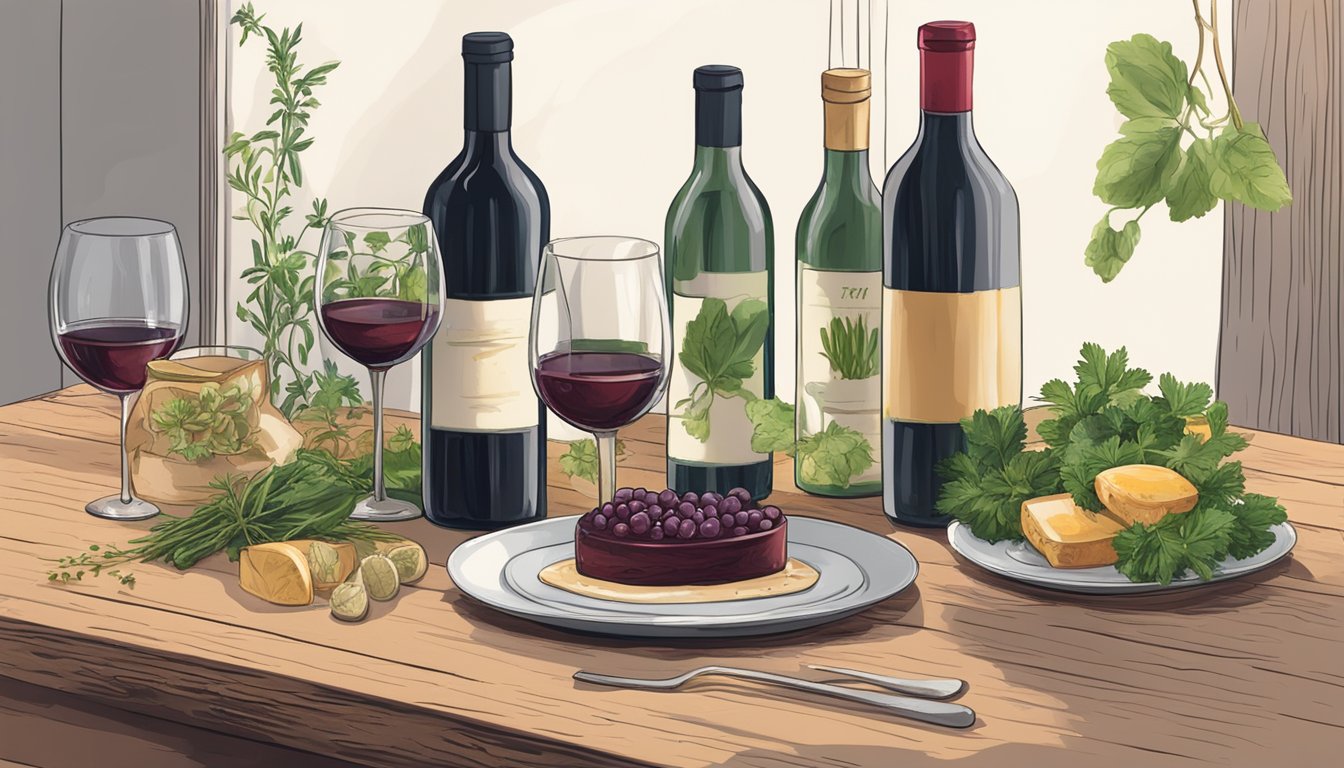 A bottle of red wine next to a plate of herb-infused dishes on a rustic wooden table