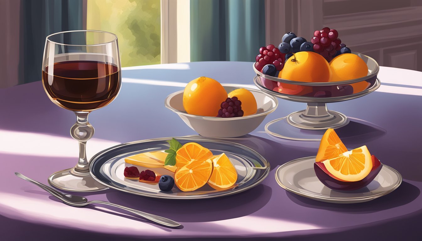 A glass of fortified wine next to a decadent fruit dessert on a beautifully set table