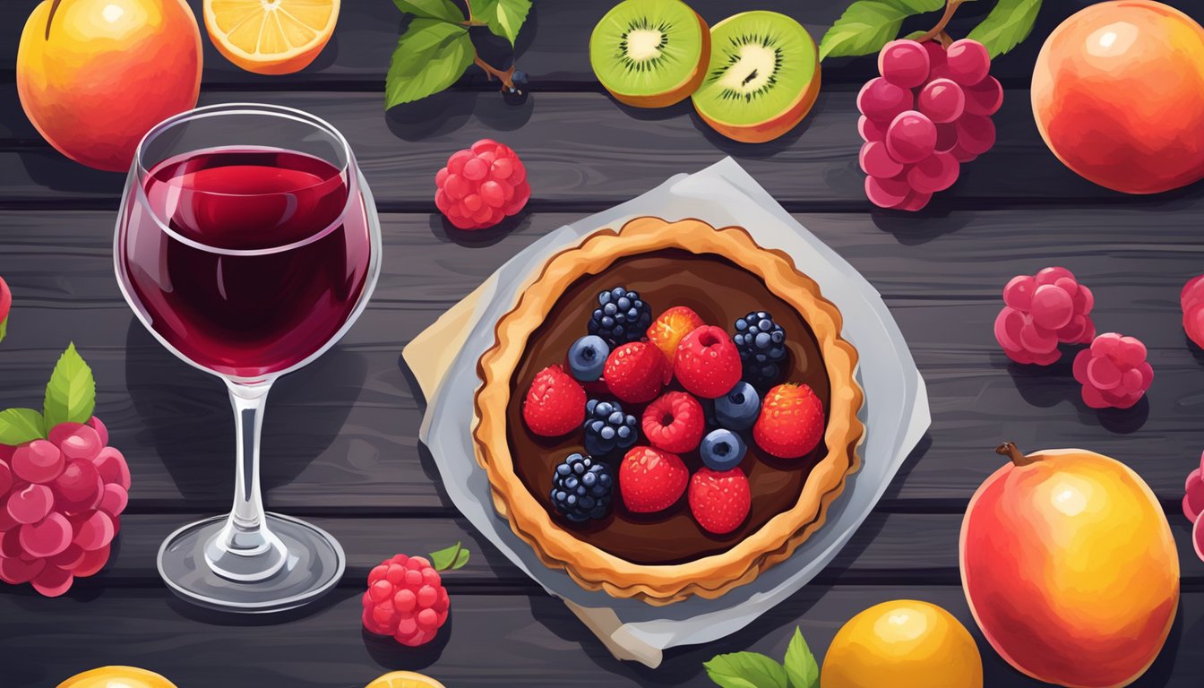 A glass of deep red dessert wine next to a vibrant fruit tart on a rustic wooden table