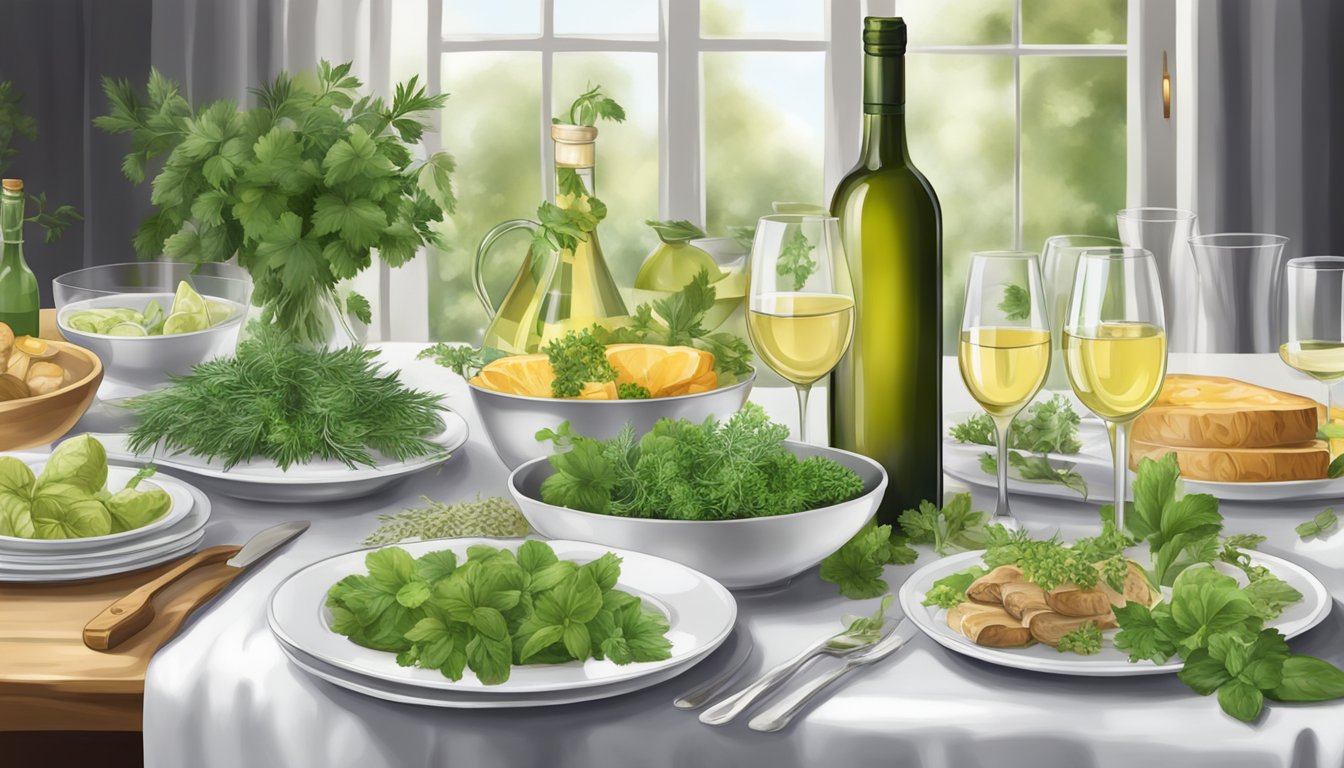 A table set with a variety of herbaceous dishes, surrounded by bottles of white wine and fresh herbs