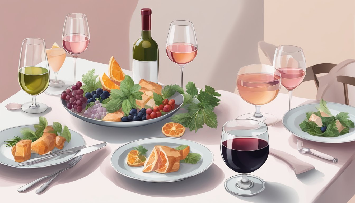 A table set with a variety of herbaceous dishes, surrounded by glasses of rosé and light-bodied red wines