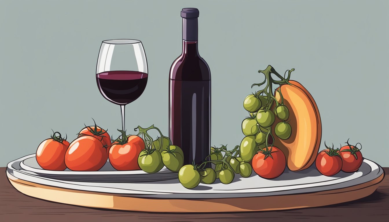 A bottle of red wine sits next to a platter of ripe tomatoes, illustrating the importance of acidity in pairing the two